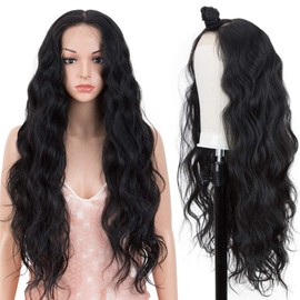 Style Icon Easy-360 Lace Wigs 30" Free Part Lace Frontal Wigs Long Water Wave Wig Black Synthetic Wig (30 Inches, 1B)