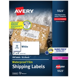 Avery Waterproof Labels with Ultrahold Permanent Adhesive, 2" x 4", Laser, 5-Pack, 2,500 Labels Total (05523)