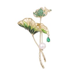 14K Gold Lotus Leaf Brooch with Sparkling Moissanite & Pearl, Elegant Flower Design - Unique Jewelry Gift for All Occasions (Green)