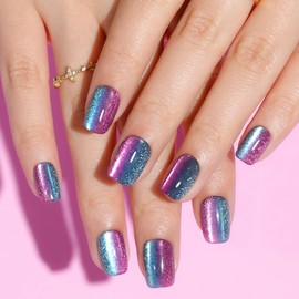 Press on Nails Short, Jofay Fashion Fake Nails, Two-color Ombre Cat Eye Press on Nails, Summer Acrylic False Nails, Reusable Stick on Nails for Women Girls, Glue on Nails Kit 32 Pcs, Amethyst Aurora