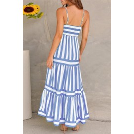 chouyatou Women Spaghetti Strap Back Smocked Maxi Striped Dress Summer Casual Floral Flowy Beach Sun Dress (Small, Light Blue)