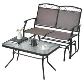 Tangkula 2 Pcs Patio Glider Conversation Set, Outdoor Gliding Loveseat w/Tempered Glass Coffee Table, Heavy-Duty Patio Furniture Set for Backyard, Porch, Poolside (2 PCS Patio Glider Set)