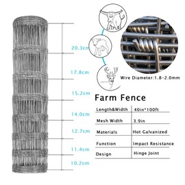 Fence Wire 3.33ft x 100 ft Galvanized Farm Fence Cattle Fence Deer Netting Prairie Fence Field Wire Fence, Different Mesh Opening for Vegetables, Garden Fruits & Animals Enclosure