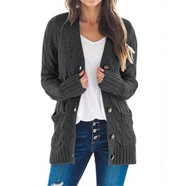 MEROKEETY Women's 2025 Fall Long Sleeve Cable Knit Cardigan Sweater Open Front Button Loose Outerwear Dark Grey