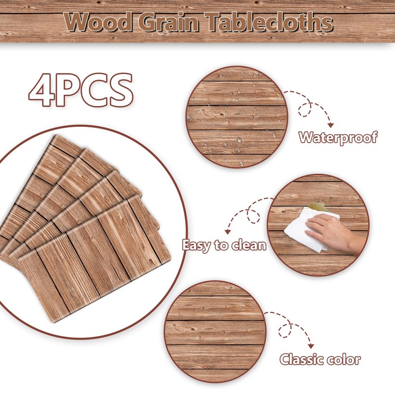 PTECDROTS 4 Pack Light Brown Grain Wooden Tablecloth Rectangular Table