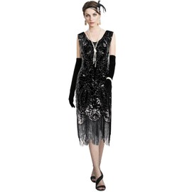 Women's Flapper Dresseses 1920s Sequin Fringed Paisley Great Dress 20s Costumes w/ 20s Accessories Set