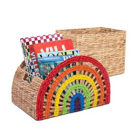 Dorothy Rainbow Wicker Basket Set of 2, Colorful and Decorative Storage Bins, Handwoven Water Hyacinth, Built-in Side Handles, Large Size 17" Wide x 10" Deep x 11" Tall, Natural with Rainbow Colors