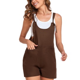 KirGiabo Women's Shorts Overalls Summer Sleeveless Shorts Rompers Strap Adjustable Casual Cotton Linen Jumpsuits,Coffee,XL