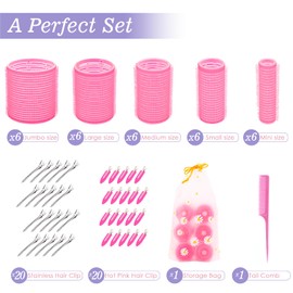 72Pcs Hair Rollers Set, 5 Size, Self Grip Hair Curlers for Blowout Look Long Medium Short Hair and Thick, Fine Hair Volume and Bangs, Jumbo Large Small 30 Roller, 40 Hair Clip, Tail Comb, Storage Bag