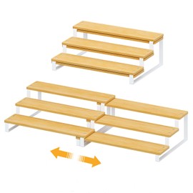 Expandable Can Organizer for Pantry, 3-Tier Adjustable Bamboo & Iron Can Rack for Cabinets, Easy-Access Storage for Canned Goods, Holds Up to 30 Soda & Soup Cans, White