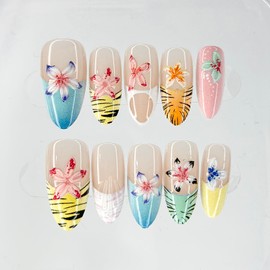Almond Press on Nails Medium Length SWEKKE French Tip Fake Nails Tropical False Nails with Floral Rhinestones Designs Summer Stick on Nails Glossy Glue on Nails for Women Girls 30Pcs(xs/s/m)