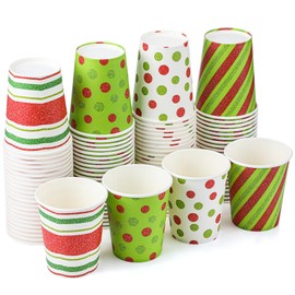 Funtery 100 Pieces Christmas Paper Cups Xmas Disposable Coffee Cups Red and Green Polka Dot Striped Christmas Cup Christmas Cups 9 oz Drinking Tea Paper Cups Christmas Cups for Daily Use Holiday Party