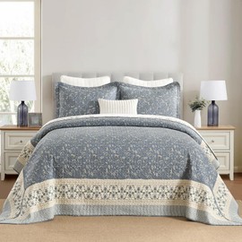 DDUOXIN Oversized King Bedspread 128"x120" - 100% Cotton Reversible California King Quilt with 2 Pillow Shams, Farmhouse Botanical Lightweight Coverlet Set, Grayish-Blue/Beige