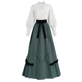 CR ROLECOS Womens Victorian Dress Costume 2-Piece Medieval Renaissance Dress Edwardian Blouse Skirt Set XXL Pine Green