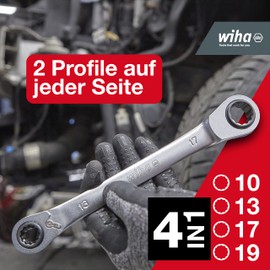 Wiha 45421 Double Ring Ratchet Wrench 4 in 1 I Switchable I SW 10 13 17 19 mm I with 72 Teeth I Multi Ratchet