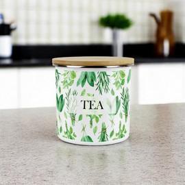 Purely Home Kitchen Herbs Tea Storage Canister - White & Green Leaf Metal Enamel Medium Sized Food Storage Container