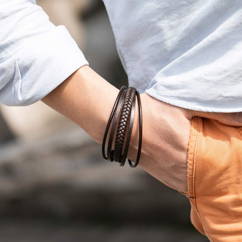 murtoo Mens Leather Bracelet with Magnetic Clasp Cowhide Multi-Layer Braided