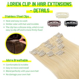 LORIEN Clip in Hair Extensions Real Human Hair, 14 Inch 80g, 60 Platinum Blonde, Clip in 100% Brazilian Remy Human Hair Extensions 8pcs Per Set with 18 Clips Double Weft