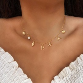 CAROVO Gold Initial Charm Necklace for Women Shell Letter R Necklace 14K Gold Plated Charm Pendant Necklace Boho Summer Seashell Beach Starfish Surfer Jewelry