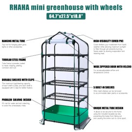 Mini Greenhouse with Portable Wheels, 5 Tier Shelves Rack Small Green House Heavy Duty with Waterproof Mat for Indoor Outdoor, Plants Seedling Supplies Durable PVC Plastic Cover with Cover Tape