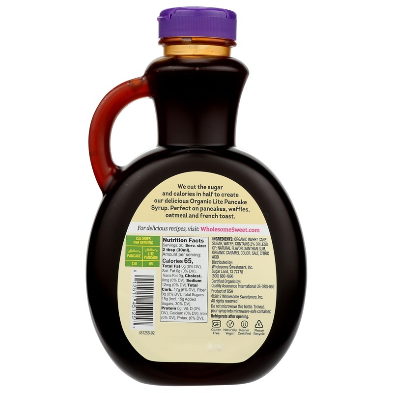 Wholesome Sweeteners 20-Ounce Organic Lite Pancake Syrup, Non GMO, Gluten