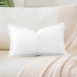 Artscope Striped Corduroy Cushion Covers with Splicing Super Soft Boho Pillow Covers Broadside Decorative Textured Throw Pillows for Couch Sofa Bed Living Room 40x60cm, White