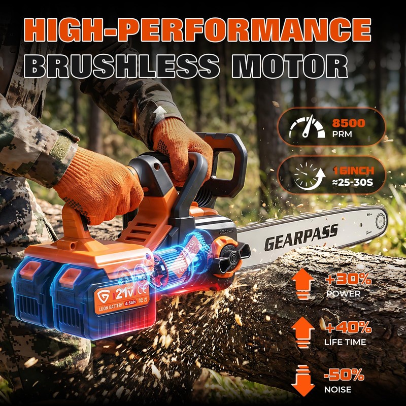 GEARPASS 42V 16-Inch Cordless Chainsaw with 2x 4.5Ah Battery &