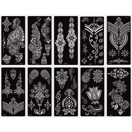 XMASIR 22 Sheets Henna Tattoo Stencil Kit - 50Pcs Glitter Airbrush Tattoo Sticker Indian Arabian Black Henna Temporary Tattoo Temples for Women Kids