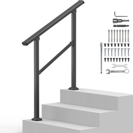 Outdoor Handrails for Steps, Stair Railing Kit for Concrete & Porch Steps, Adjustable Black Iron Hand Rail for Seniors, Easy Installation, Retro Arch Design (2-3Step)