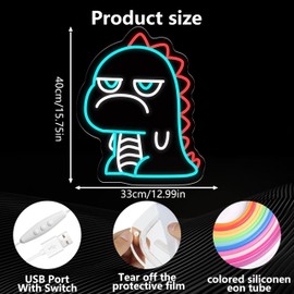 QLF Cute Dinosaur Neon Sign for Boys Room – LED Cartoon Night Light for Kids Bedroom, USB Powered Dimmable Cartoon Night Light for Wall Decor, Man cave, Gift for Toddlers & Gamers