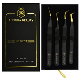 BEAUTICS Alishba Beauty Eyelash Extension Tweezers, Precision Fiber Tip Grip Japanese Stainless Steel Profiessional (Set of 4 Eyelash Tweezer) (BLACK GOLD)