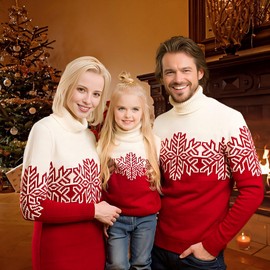 Momkonzz Ugly Christmas Sweater Family Matching Sweater with Snowflake Knit High Neck Pullover Xmas Holiday Party Clothes for Women/Men/Boys/Girls/Couple (Kid-8T White Red