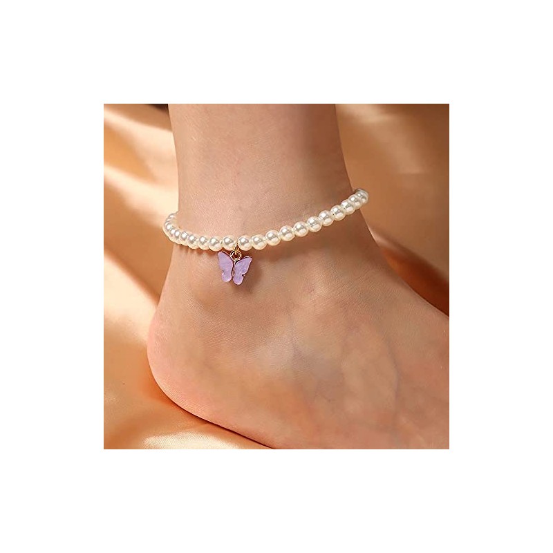 Pearls Ankle Stretchable Bracelet with Butterfly Charm