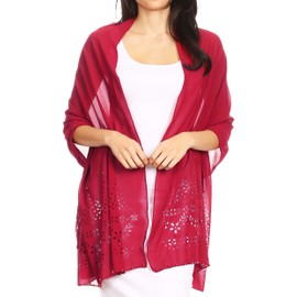 Sakkas 18224 - Naomi Women Soft Sheer Embellished Chiffon Bridal Wedding Scarf Shawl Wrap - LaserCut-burg - 7029