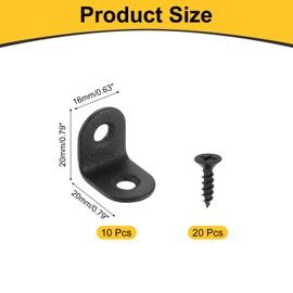 sourcing map 10Pcs L-Shaped Brackets Corner Brace, 0.79"x0.79"x0.63" Corner Bracket Shelf Bracket Right Angle Brackets for Wood Shelves Furniture (20x20x16mm, Black)