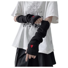 Verdusa Women's Y2k Arm Warmers Heart Knit Arm Sleeves Fingerless Gloves Black One-Size