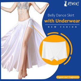 Belly Dance Wrap Skirt with Double Slits & Flowy Hem - Satin Stage Performance Long Skirt for Women with Slip Shorts (US, Alpha, One Size, Regular, Long, White)