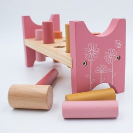 jumini Toy Wooden Hammer Bench - Pound a Peg with Wooden Hammer and 8 Wood Pegs - great Hammering Baby Toy Gift for Babies, 12months, 1, 2,3 and 4 Year Olds - Retro Pastel Colours (Pink Flower)