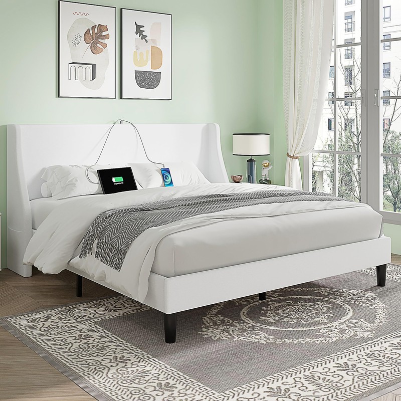 VECELO Queen Bed Frame with Upholstered Wingback Headboard, Heavy-Duty Platform
