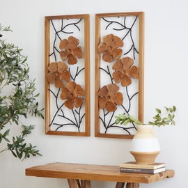 Deco 79 Teak Wood Floral Handmade Home Wall Decor Framed Carved Wall Sculpture with Metal Wire, Set of 2 Wall Art 14"W, 32"H, Brown