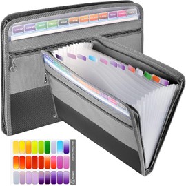 Expanding File Folder with Zipper Closure, 13 Pockets A4 Letter Size Document Wallet Organizer with Handy Front Pocket,Multicolor Labels for Personal Office Stationary Storage(Black)