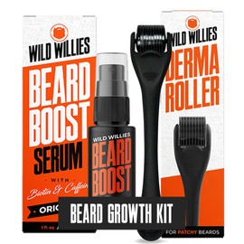 Wild Willies Beard Growth Kit - Premium Derma Roller & Beard Boost Serum - Microneedle Roller & Beard Hair Growth Serum with Biotin & Caffeine for Fuller Beard, Scalp Care - Easy to Use Kit with Case
