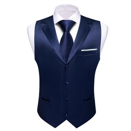 Barry.Wang Dark Blue Vest Tie Set for Men Solid Color Suit Vest Necktie Cufflinks Bow Tie Set Formal Business Wedding Party