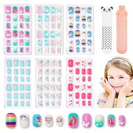 Modelones 144Pcs 6 Pack Press on Nails for Kids Children Acrylic Fake Nails Pre-glue Full Cover Glitter Gradient Color Starts Unicorn Butterfly Short False Nail Art Kits Sets Gifts for Kids Girls
