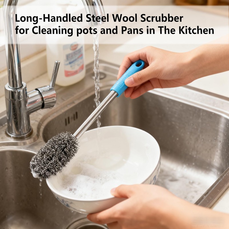 3-Pack Steel Wool Scrubber with Long Handle, Kitchen Dishwashing Pot