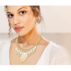 EVER FAITH Party Statement Necklace for Women, Choker Collar Chunky Leaf Boho Bib Costume Jewelry Gold-Tone