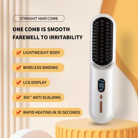 Cordless Hair Straightener Brush Hot Comb Hair Straightening Iron Wireless Heat Combs, Anti Burn for Natural Black Hair Beard Wigs Wonmen Gifts - White