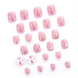24Pcs French Tip Press on Nails Short with Bow Charms Flowers Design Square Shape False Nails Cute Bow Stick on Nails Full Cover Acrylic Nails for Women Girls Valentine's Day Nail Decoration