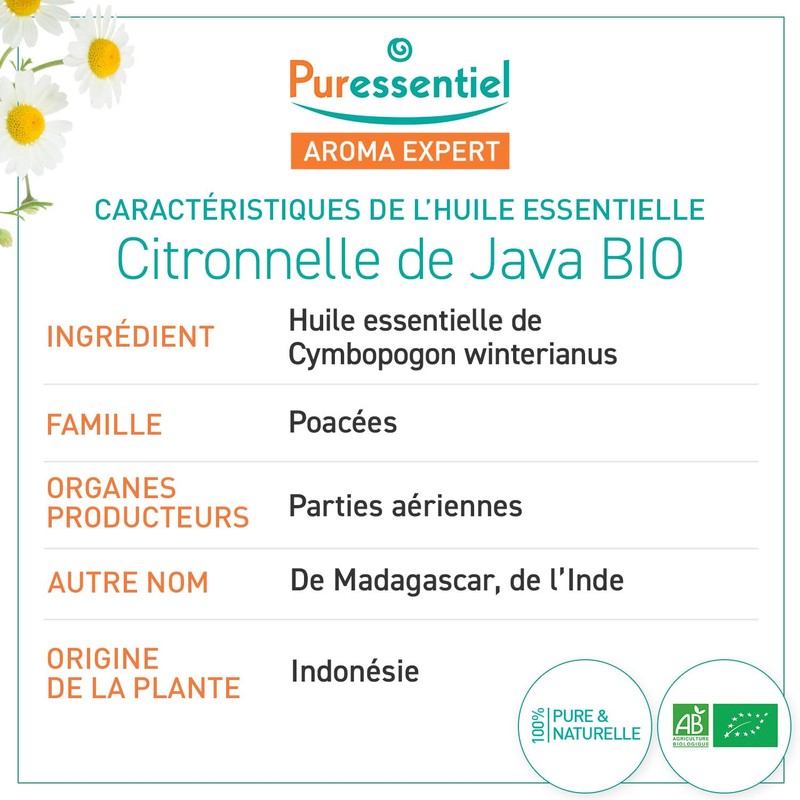 Puressentiel Organic Java Citronella Essential Oil 10ml - 100 %