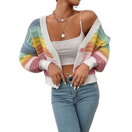 SweatyRocks Women's Color Block V Neck Button Front Knit Cardigan Sweater Outerwear Rainbow S